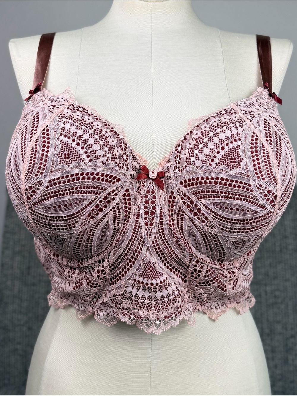 Cacique 46DD Pink Lace Longline Underwire Bra Lightly Lined Floral Lingerie
